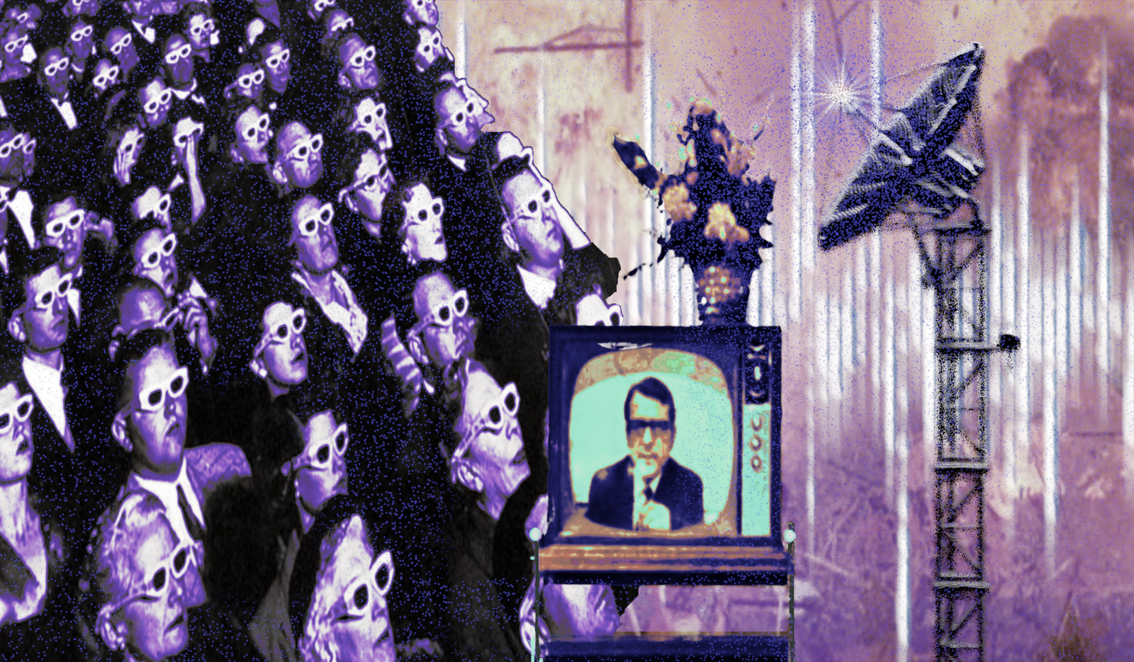 Collage photo avec une télévision, un public de cinéma, une antenne et une explosion en fond