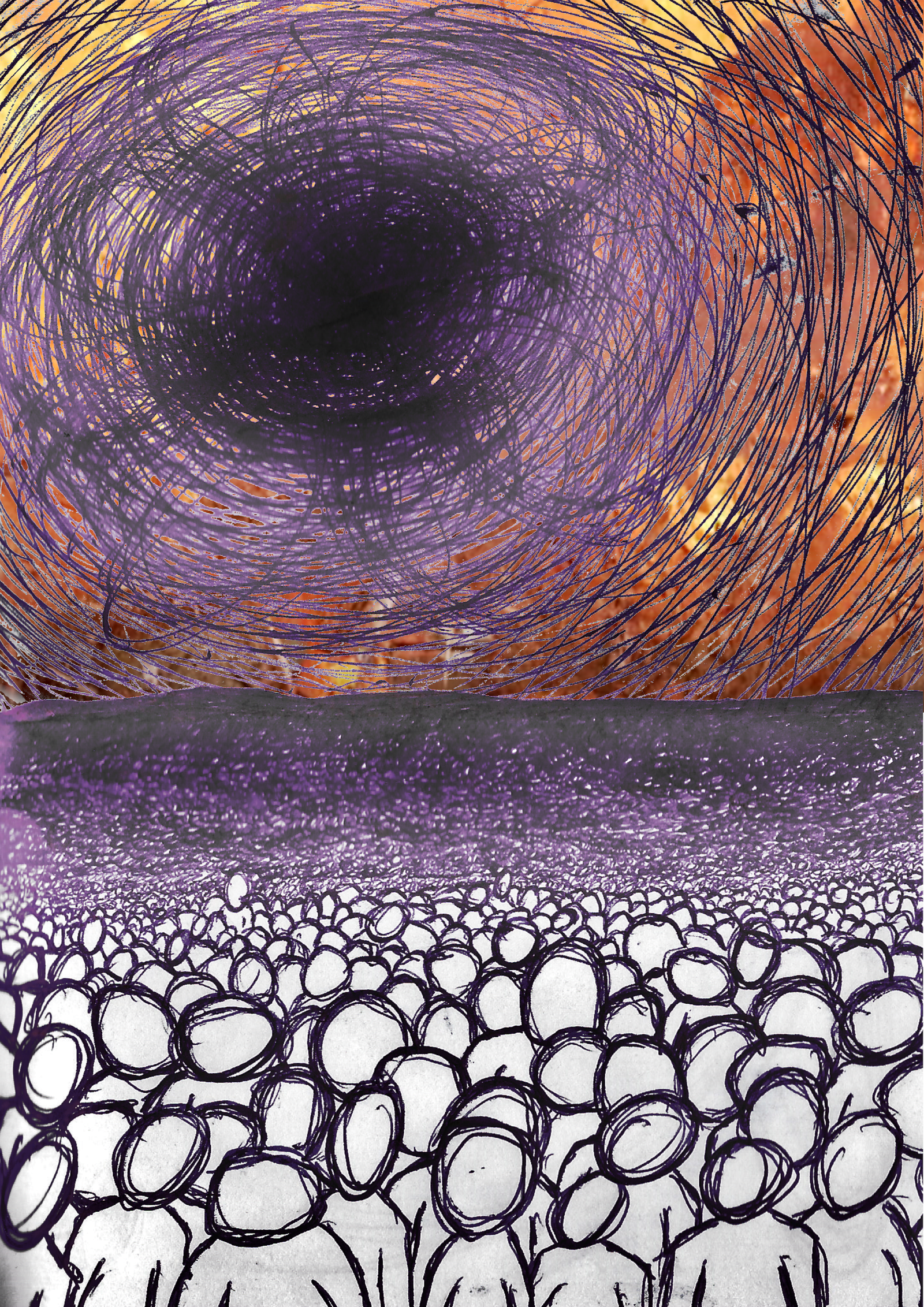 foule de silhouette au stylo avec explosion en fond et soleil noir