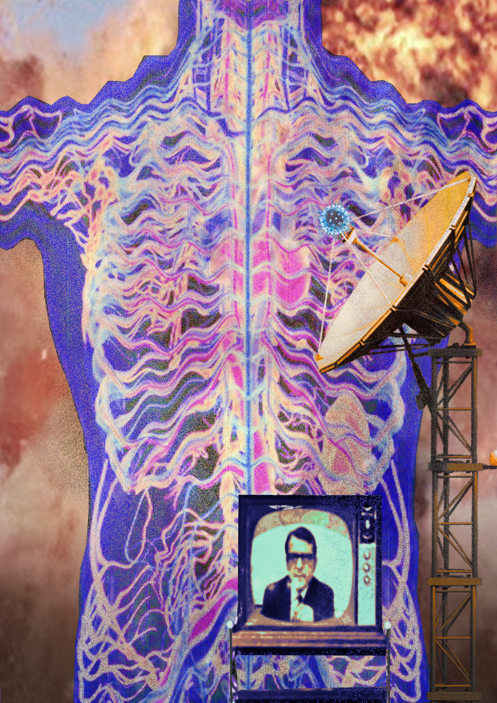 collage photo avec squelette, antenne, virus, télévision et explosion en fond